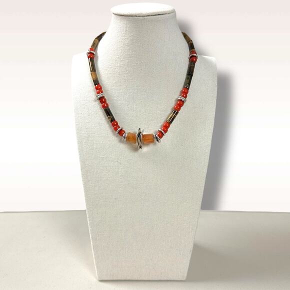 Free People Birdie Choker Necklace Brown Silver Neutral Bohemian Layering NEW - Picture 2 of 7